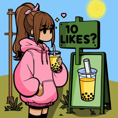 girl with oversized hoodie drinking boba and she has a high ponytail with a sign that says 10likes?