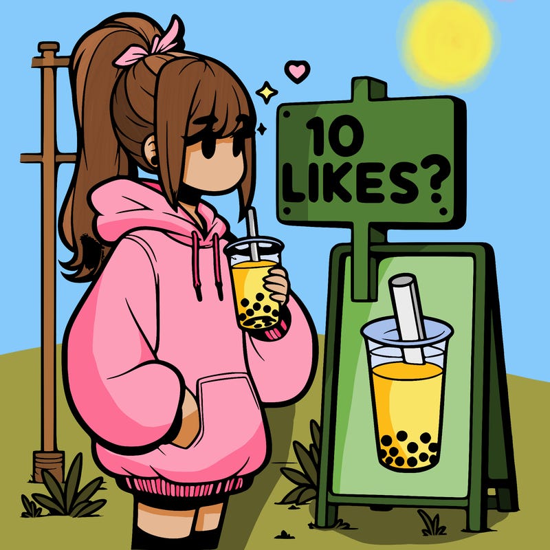 girl with oversized hoodie drinking boba and she has a high ponytail with a sign that says 10likes?