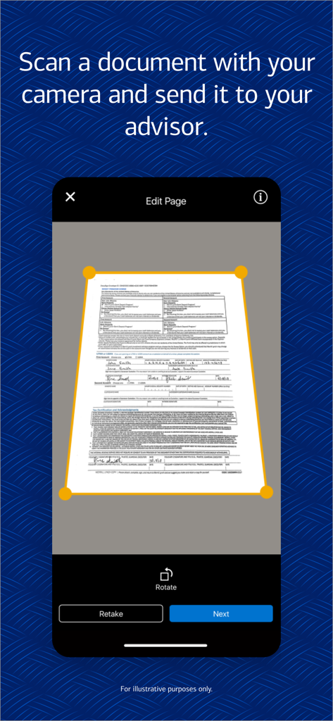 Interface of the MyMerrill app showing how to scan a document with a smartphone camera to send to a financial advisor