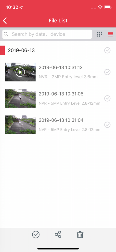 Bolide Quick Connect - A list of recorded surveillance videos with timestamps in the Bolide Quick Connect app interface