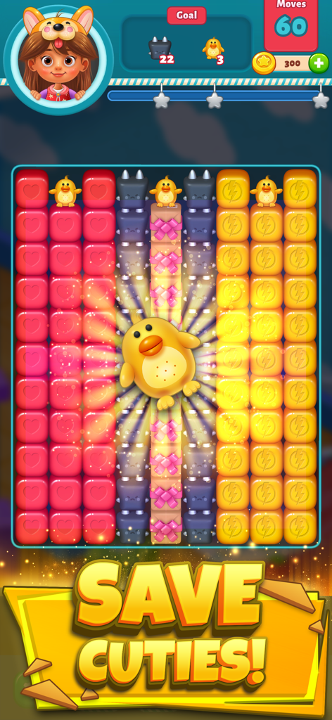 Epic Blast 3D: Toy Match Games - Gameplay screen of Epic Blast 3D featuring colorful block columns and a cute yellow chick with the text Save Cuties