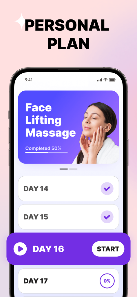 Mobile app screenshot showing a personalized face lifting massage plan with daily exercise progress