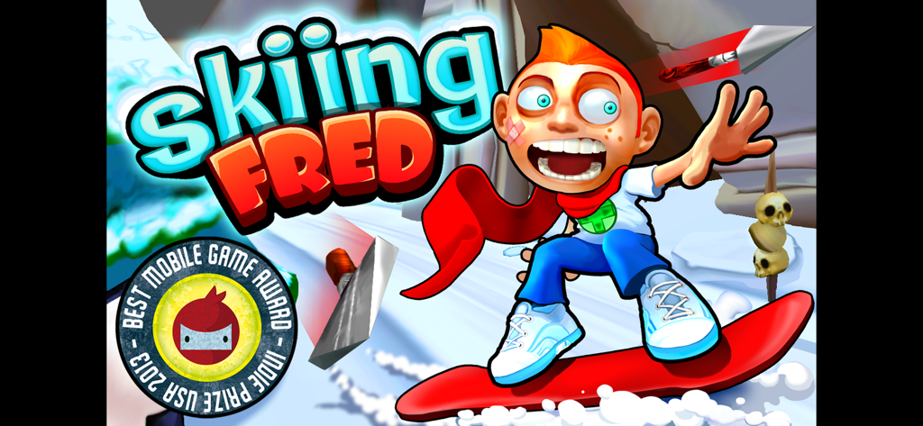 Skiing Fred - Pantalla de título de Skiing Fred con Fred en una tabla de snowboard roja esquivando trampas de montaña.