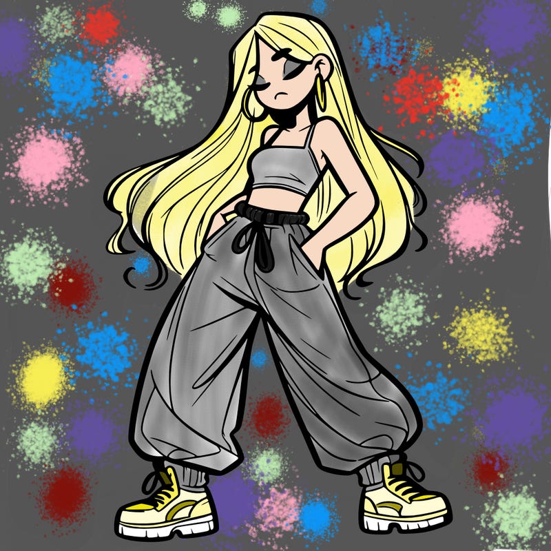 girl in baggy pants crop top and long hair