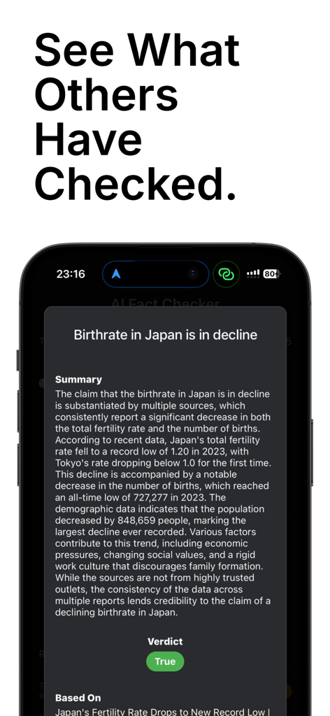 AI Fact Checker App - A screenshot of the AI Fact Checker app showing a true verdict and summary for a claim about Japans declining birthrate