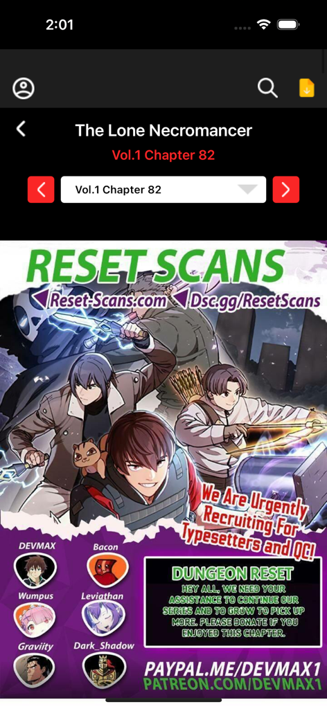 Manga Reader mangatoon geek - Screenshot of the Manga Reader mangatoon geek app showing the manga The Lone Necromancer with a scanlation team credit page