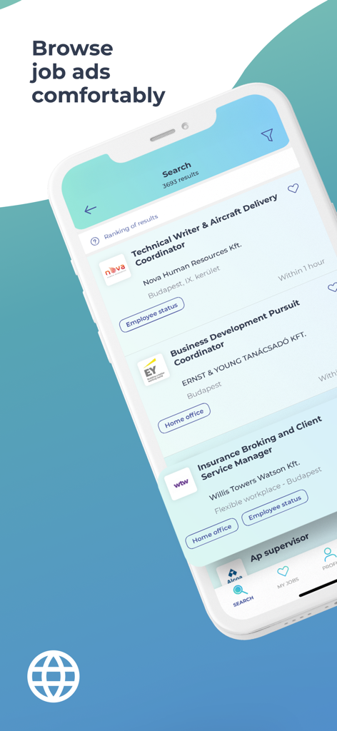 Profession.hu: Fast Job Search - A mobile interface of the Profession.hu app showing job listings with titles like Technical Writer and Business Development and Home Office filters