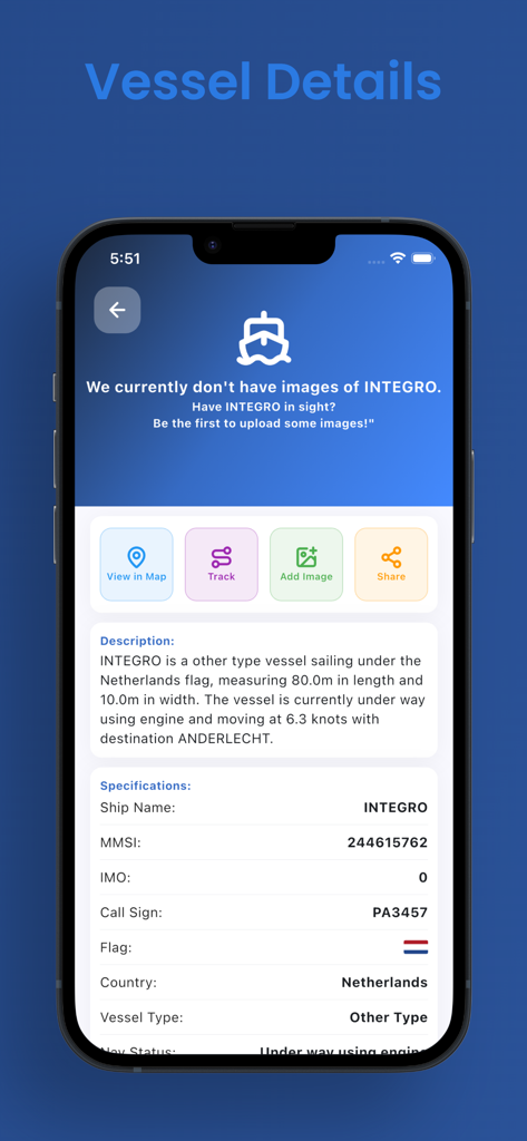Detailed vessel specifications and status for a ship named INTEGRO in the Voyage Radar app.