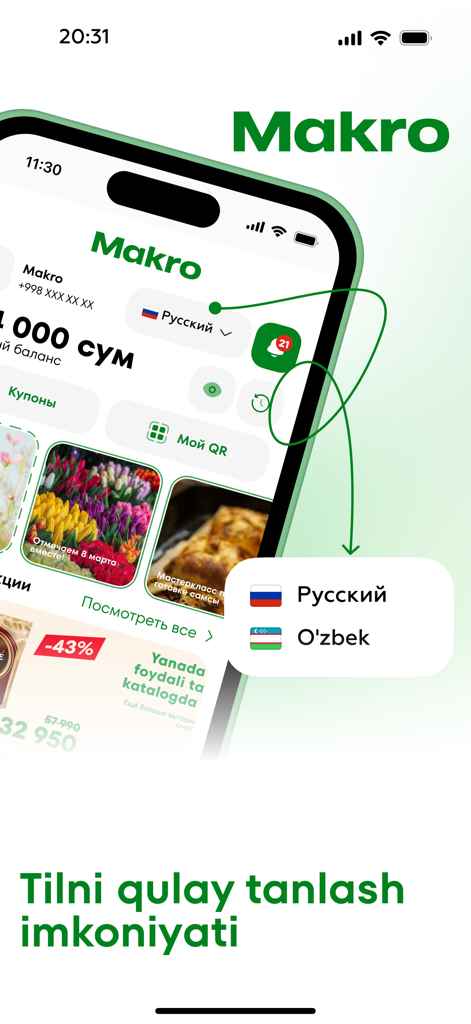 Interfaz de la app Makro mostrando opciones de selección de idioma para ruso y uzbeko.