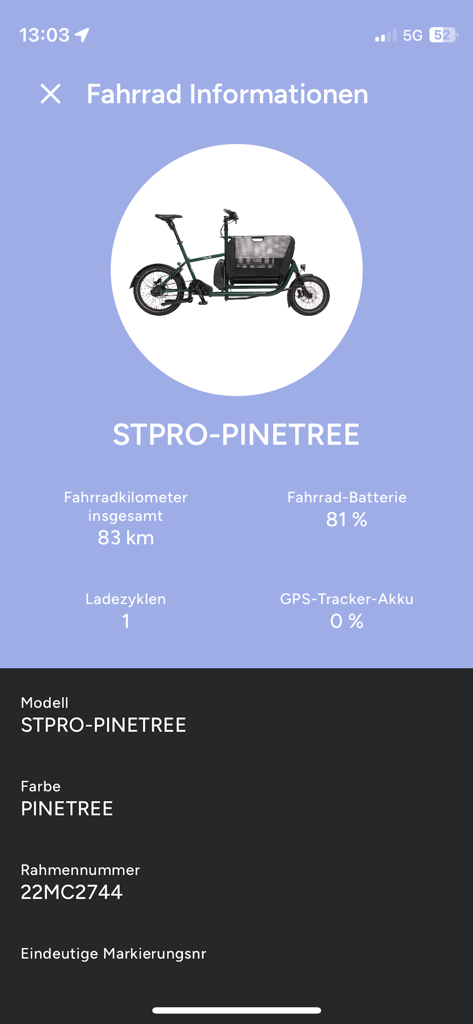 Muli app interface showing e-cargo bike battery level and total distance.