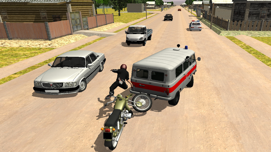 Russian Moto Traffic Rider 3D - A 3D motorcycle game screenshot showing a rider crashing into the back of a van on a rural village road.