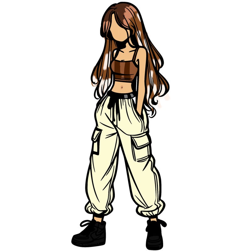 girl in baggy pants crop top and long hair