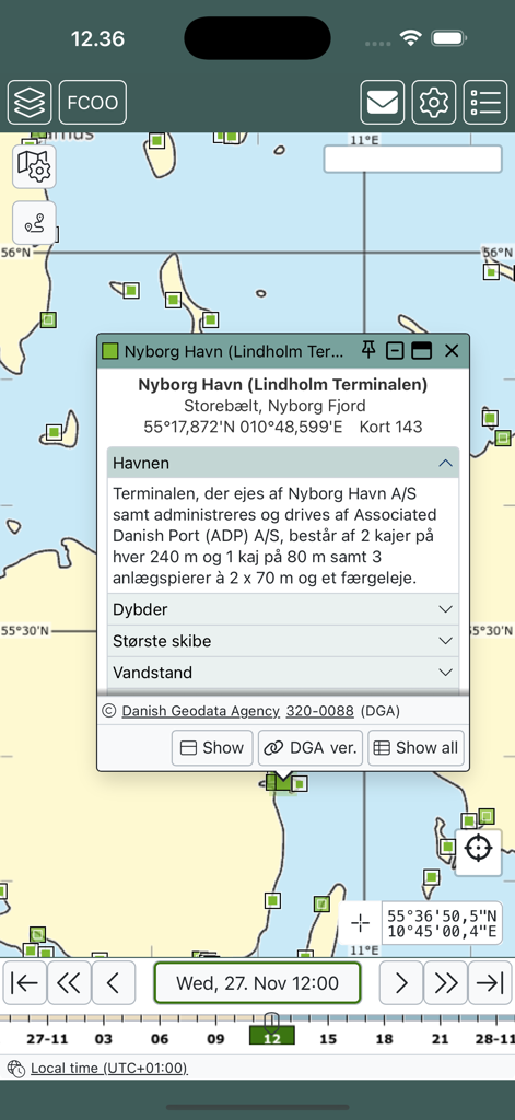 Detailed harbor information for Nyborg Havn on a nautical map within the Sejladsudsigt maritime app