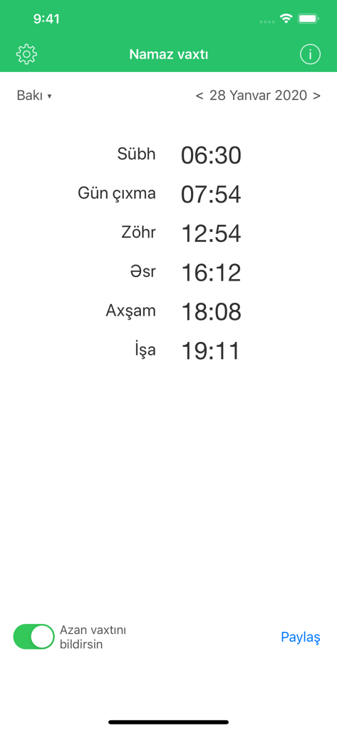Screenshot dell'app mobile Namaz vaxti che mostra gli orari di preghiera giornalieri per Baku, Azerbaigian