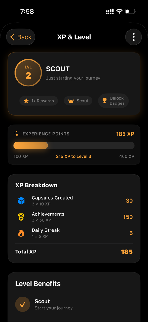 TimeCapsules - Tela do aplicativo TimeCapsules mostrando pontos de experiência do usuário, status de batedor de nível 2 e detalhamento de recompensas de gamificação