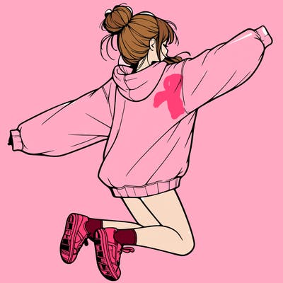 realistic girl jumping with a bun and oversized sweatshirt