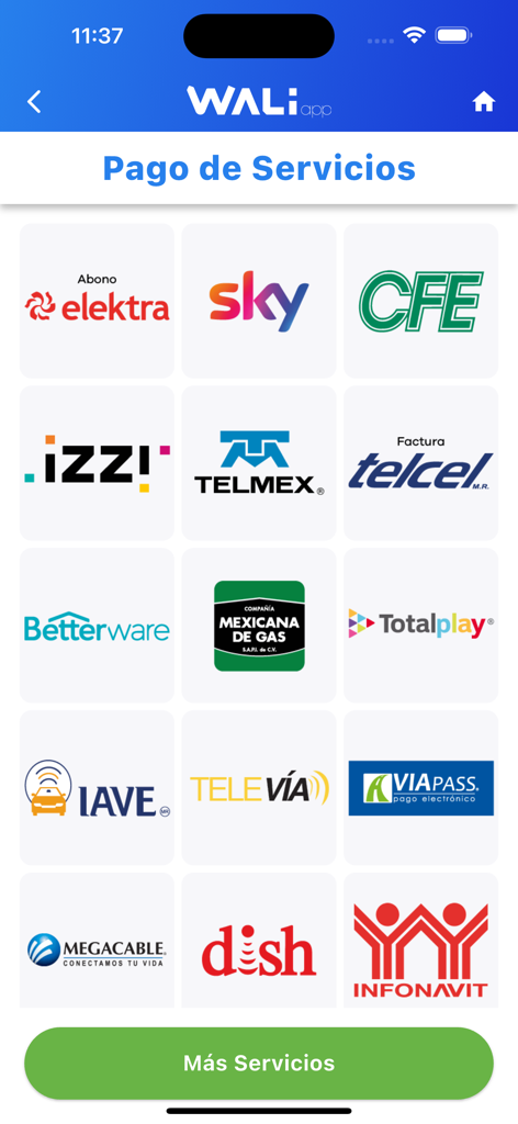 WALIApp - WALIApp mobile screen showing various service payment providers for utilities and telecommunications