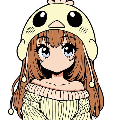 anime girl with chick shaped hat with sweater with bare shoulders with bangs covering them one eye with low tail