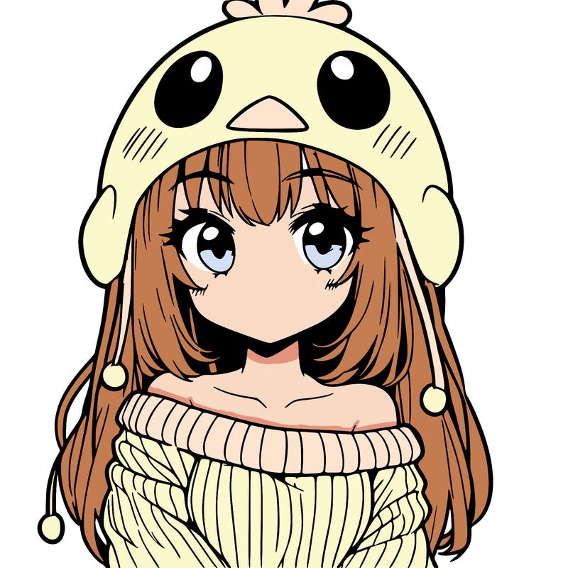anime girl with chick shaped hat with sweater with bare shoulders with bangs covering them one eye with low tail