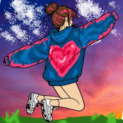 realistic girl jumping with a bun and oversized sweatshirt
