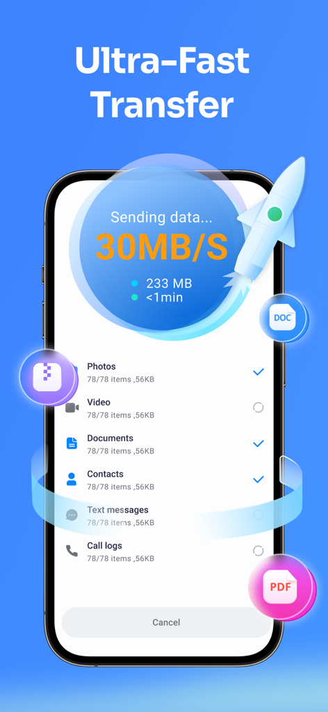 Data Transfer - MobileTrans - Pantalla de smartphone que muestra transferencia de datos ultrarrápida a 30MB por segundo para fotos y videos