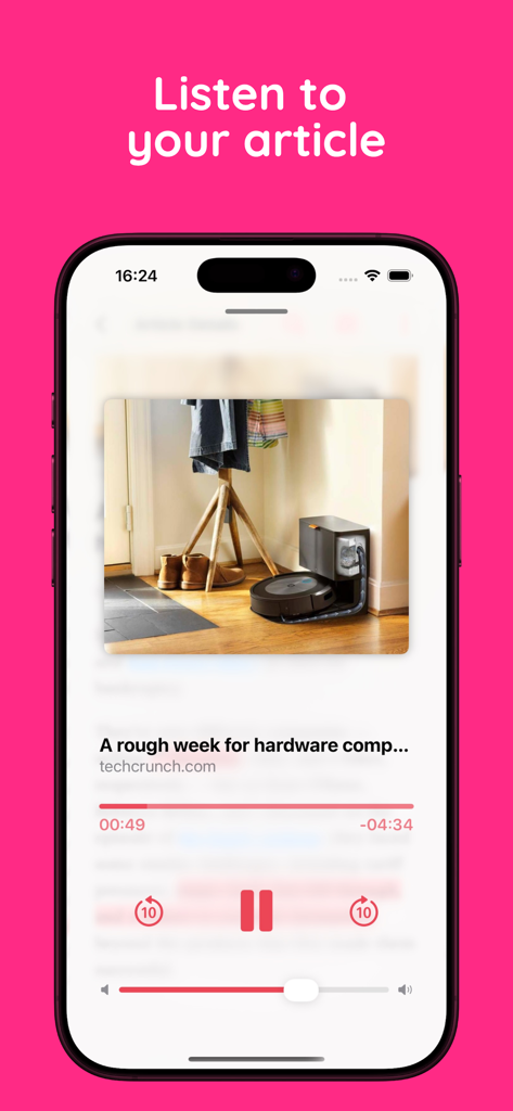 RSS Reader - Zers - RSS記事をテキスト読み上げで聞くためのオーディオ再生コントロールを表示するZersモバイルアプリインターフェース。