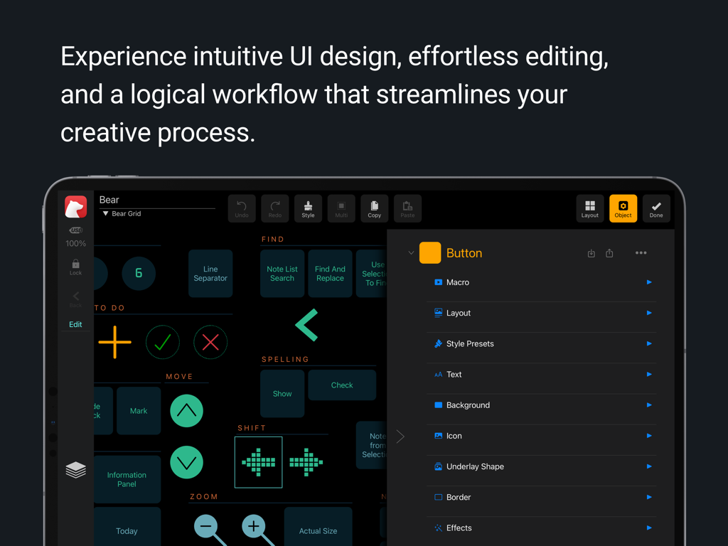 MetaGrid Pro - MetaGrid Pro app on iPad showing button customization menu and a grid of creative workflow tools