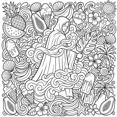 Embark on a captivating coloring journey with this unique design blending summer vibrancy and an air of mystery. A cloaked figure emerges from swirling mist, surrounded by delicious tropical treats and beach-day delights, ready for your artistic touch.