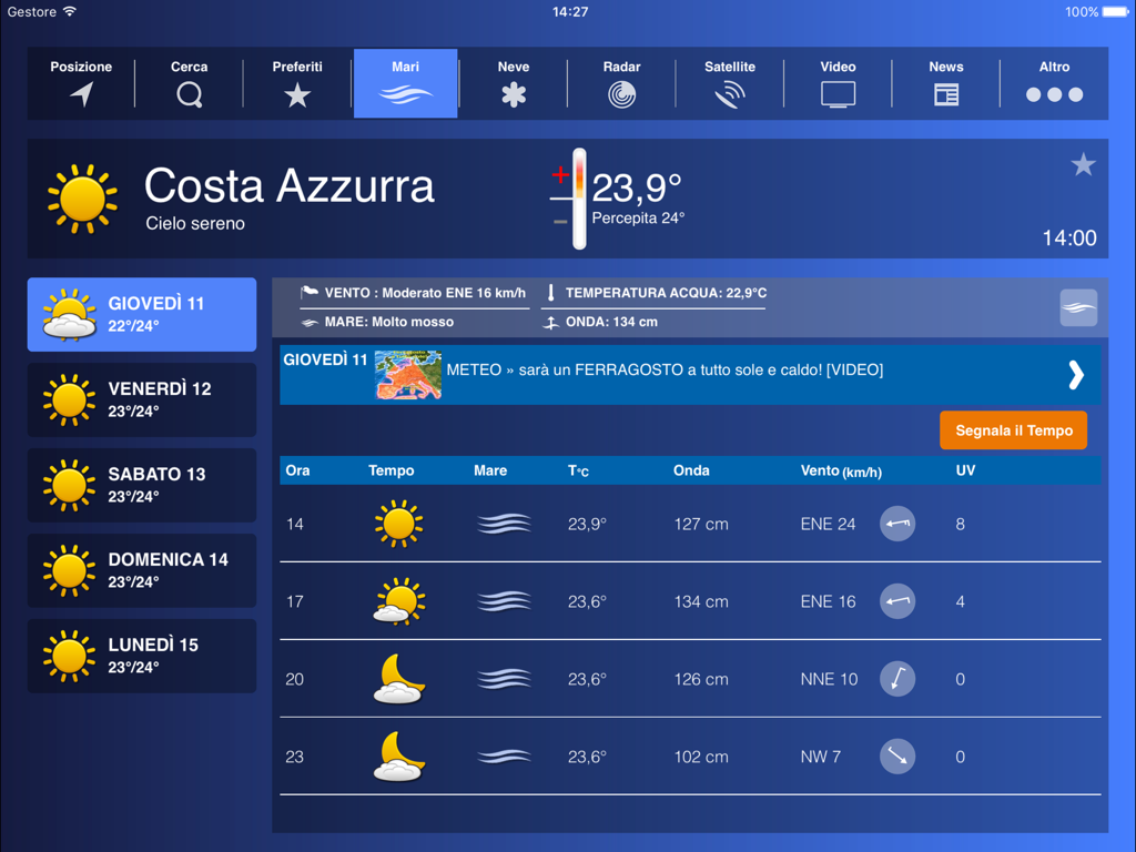 Previsioni meteo marine per la Costa Azzurra sull'app iPad Meteo HD Plus