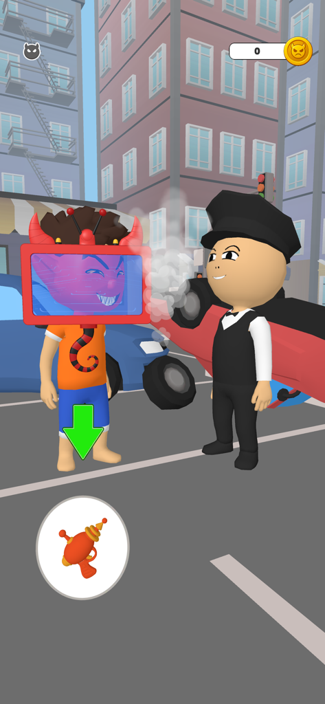 Find the Devil - Una herramienta de escáner roja revela una cara de diablo oculta en un personaje en un nivel de calle de la ciudad.