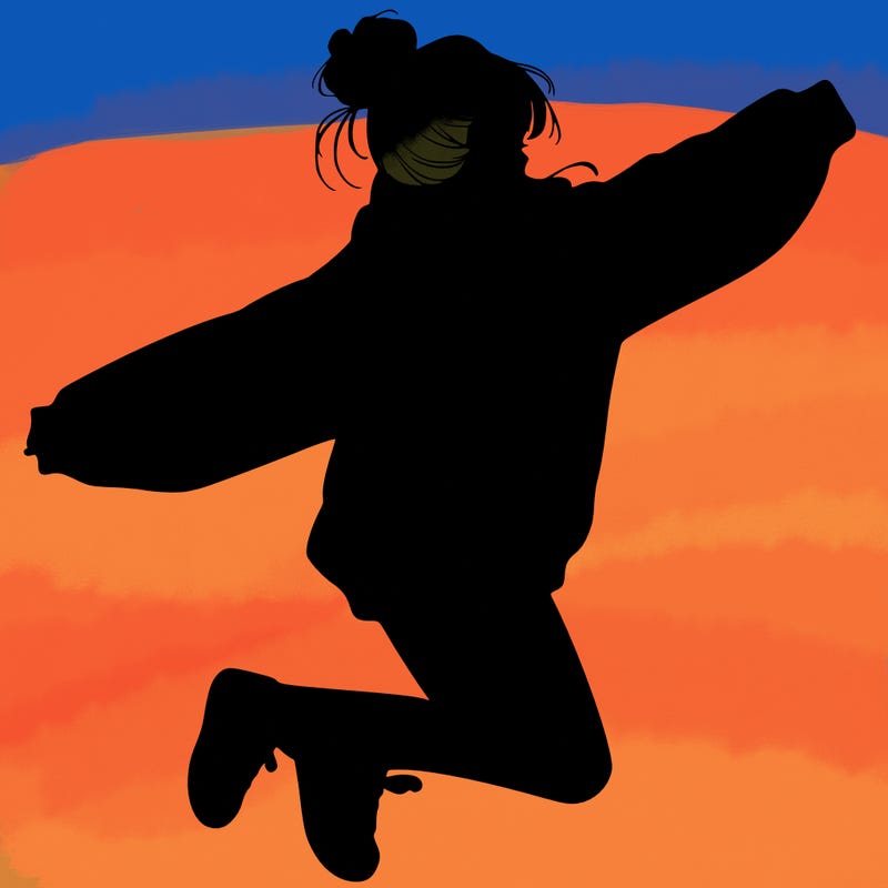 realistic girl jumping with a bun and oversized sweatshirt