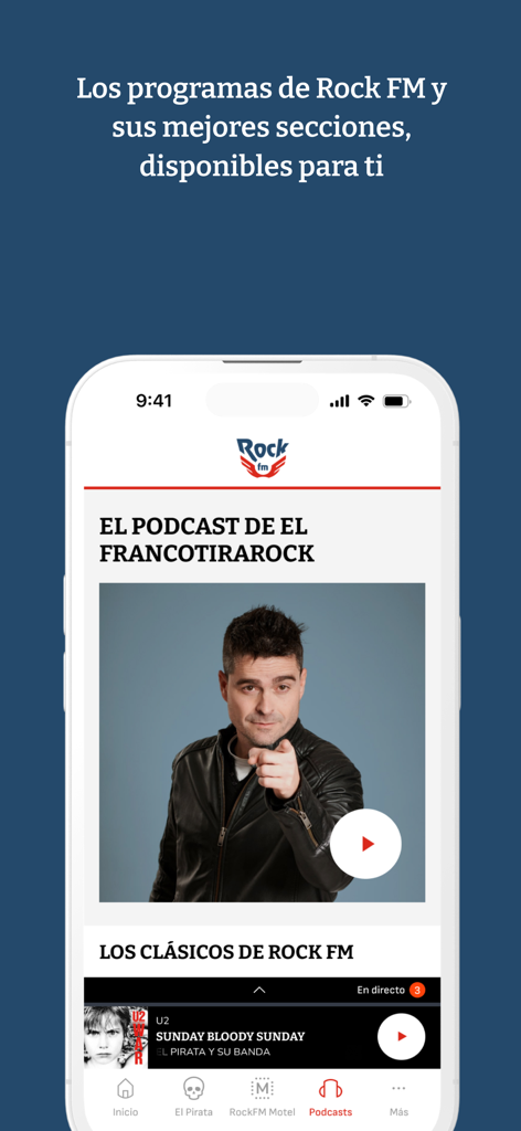 Pantalla móvil de la app Radio Rock FM mostrando secciones de podcasts y la interfaz del reproductor de música