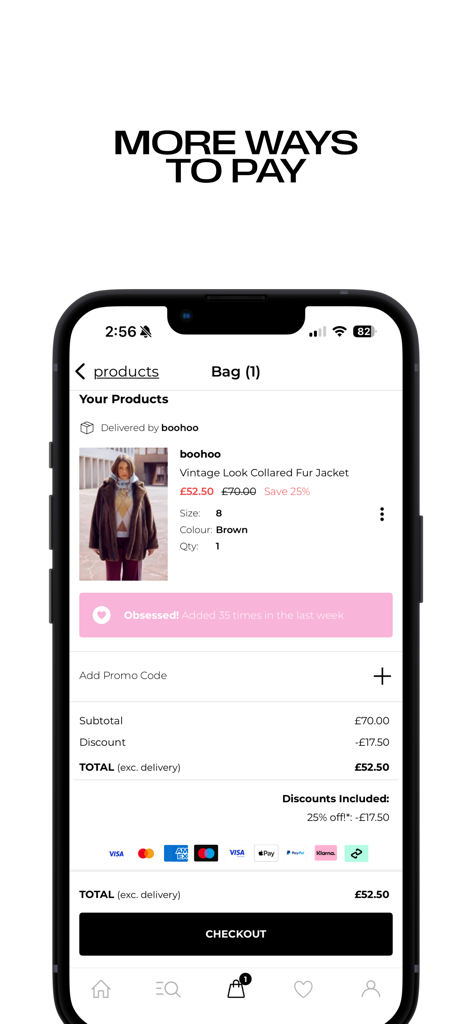 Boohoo mobile app checkout screen showing various payment options like Klarna and Clearpay.