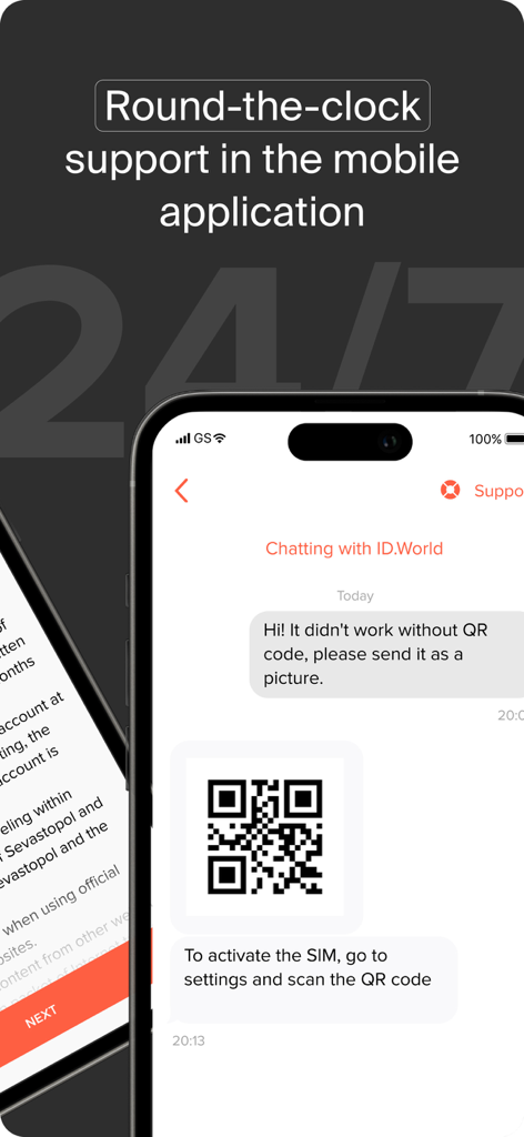 Mobile app interface showing 24/7 customer support chat for SIM card activation including a QR code.