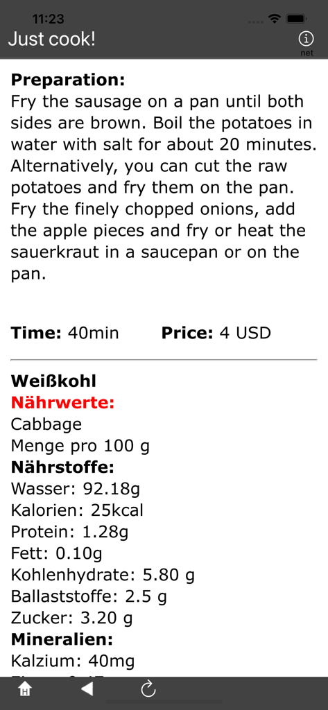 Just cook app screen displaying recipe preparation steps time price and nutritional facts