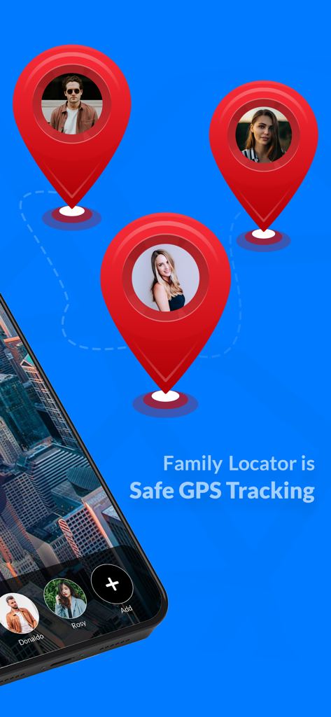 Find My Friends Family Locator - Gráfico que muestra pines de mapa rojos con fotos familiares y texto que dice Family Locator is Safe GPS Tracking