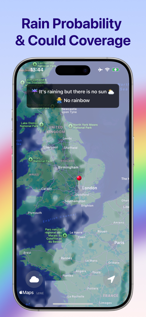 Rainbow Tracker - Rainbow Tracker app interface showing a map of the UK with cloud coverage overlays and a rain notification