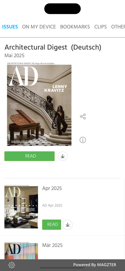 Architectural Digest (Deutsch) - 다양한 월간 잡지 호를 보여주는 Architectural Digest Deutsch 앱의 디지털 뉴스 스탠드 인터페이스