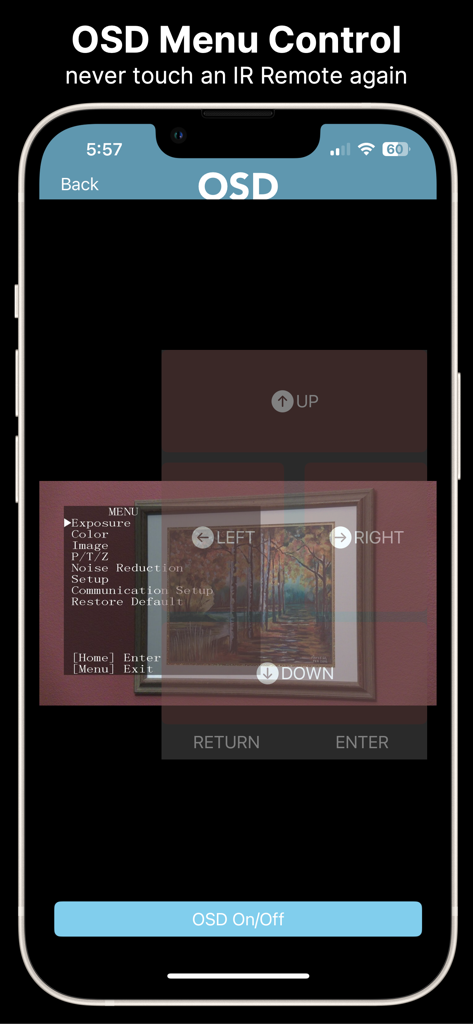PTZControl Pro 2 by PTZOptics™ - PTZControl Pro 2 app interface showing OSD menu control for PTZ cameras on an iPhone