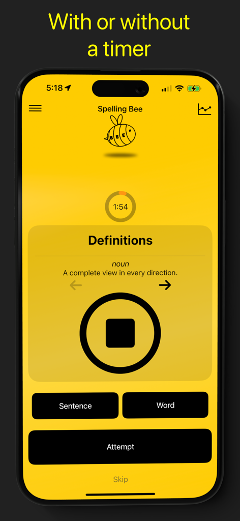 Spelling Bee App: Today's Game - Spelling Bee mobile app interface showing a countdown timer and word definition screen.