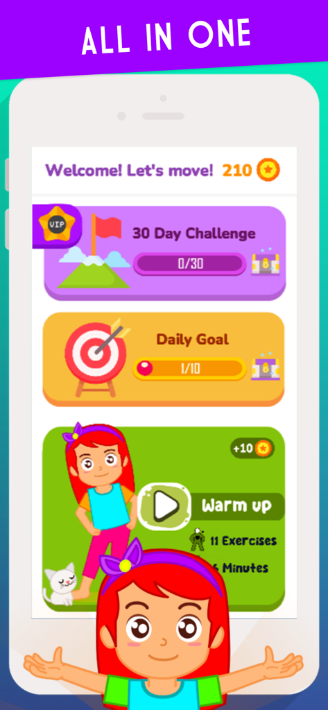 Kids Exercise : Kids Workout - 子供向けエクササイズアプリのダッシュボード画面。毎日の目標と30日間のフィットネスチャレンジが表示されています。