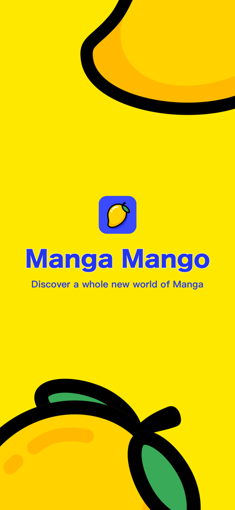 Manga Mango app splash screen with a bright yellow background and the app name in blue text