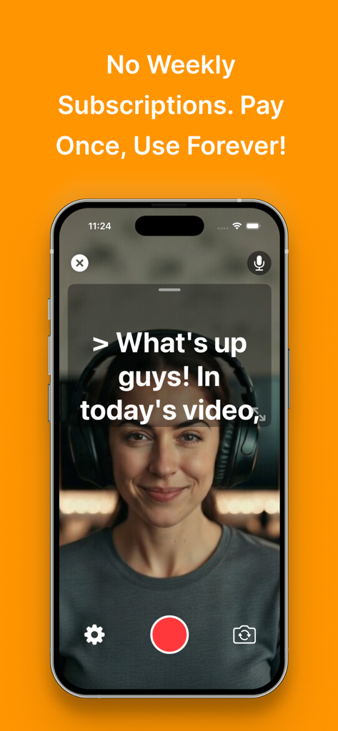 Pure Prompter - Teleprompter - Interfaz de la aplicación Pure Prompter mostrando a una mujer grabando un video con una superposición de guion y un mensaje de pago único