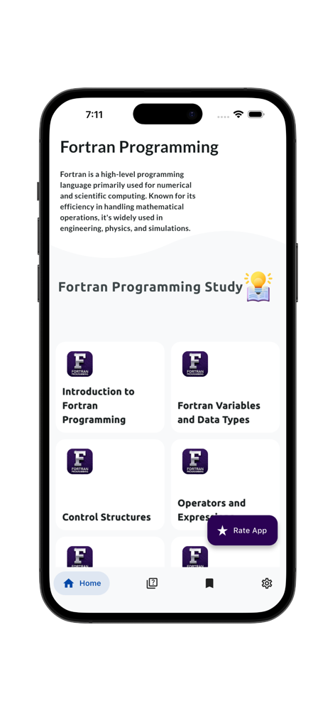 Interface of the Learn Fortran Programming app showing various study modules on a mobile phone.