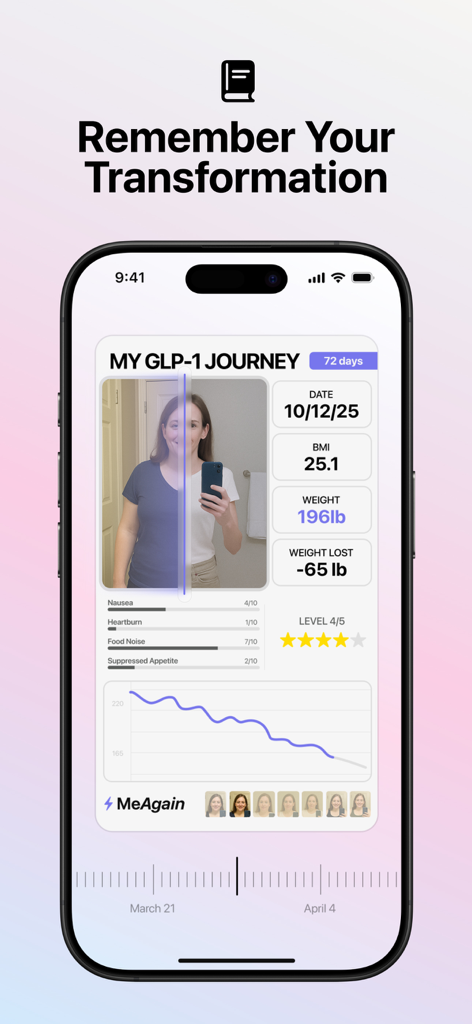 MeAgain: GLP-1 all-in-one app - Pantalla de smartphone que muestra la tarjeta de viaje GLP-1 de la aplicación MeAgain con estadísticas de pérdida de peso y rastreador de efectos secundarios.