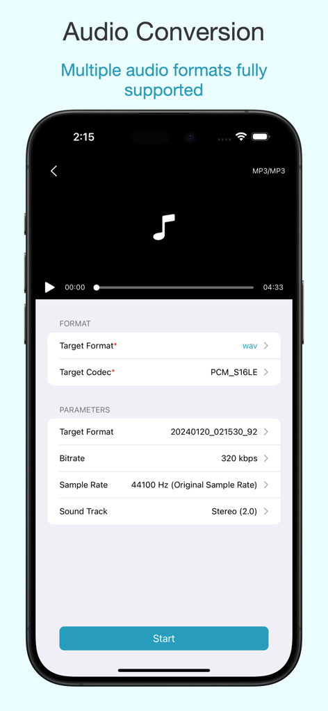 FormatX - All Media Converter - Interface of FormatX app on iPhone showing professional audio conversion settings including format, bitrate, and sample rate options.