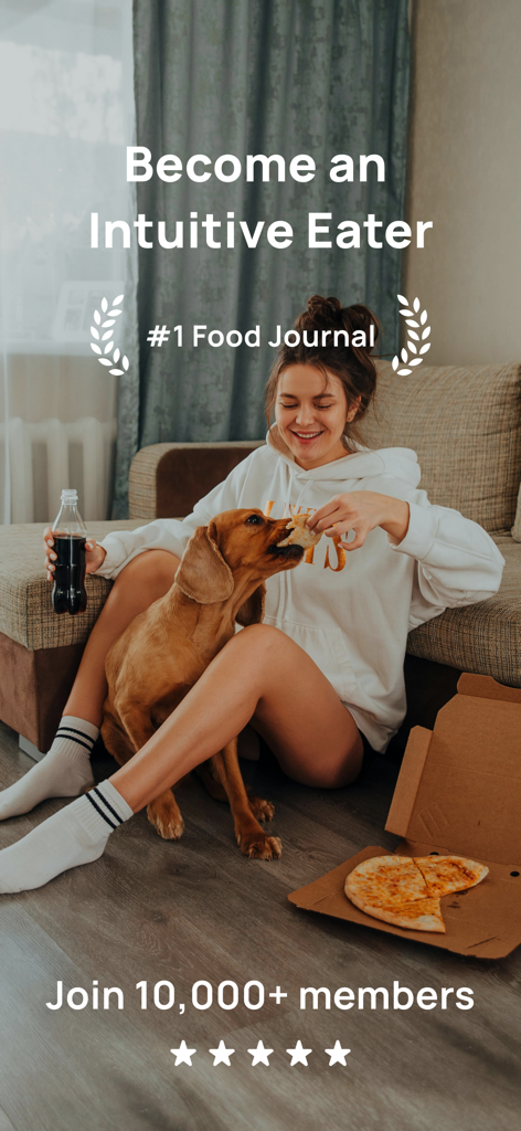 Food Diary & Intuitive Eating - A smiling woman enjoying pizza with her dog promoting the intuitive eating food journal app