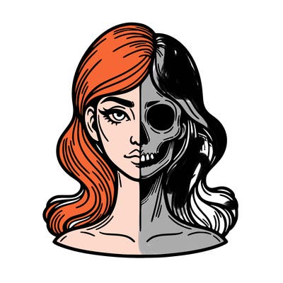 bust of a woman, half face and hair, half skull