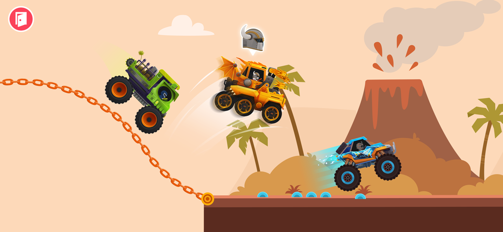 Trois monster trucks colorés faisant la course à travers un niveau tropical avec un volcan en éruption en arrière-plan