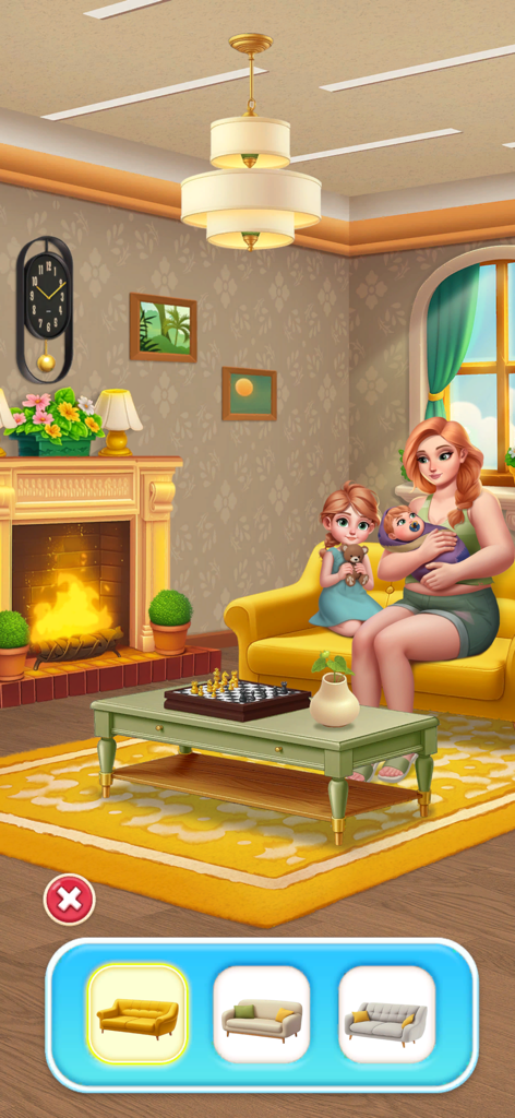 A mother and her two children in a living room with a furniture selection menu for a new sofa